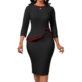 Oxgmoky Women Church Dress Work Business Bodycon 3/4 Sleeve Round Neck Pencil Dresses