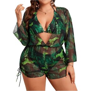 Shenhe Women's Plus Size 3 قطعة مدارية مربعة الرسن المثلث Boho Bikini مجموعات مع التستر