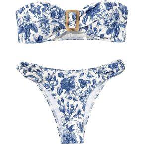 Milumia Women's Floral Bandeau Bikini Sets 2 Piece Strapless Swimsuit High Cut Thong Bathing Suit
