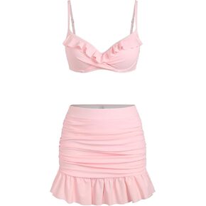 ZAFUL Women's Push Up Bikini with Ruched Skirt Ruffle Trim Low Waisted 2 Piece Swimsuit Bathing Suit