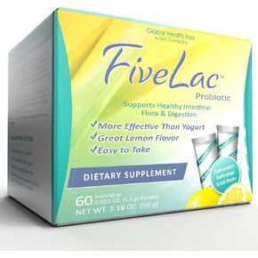GHT - مزيج مشروب مسحوق بروبيوتيك Fivelac ، البروبيوتيك للنساء ، الرجال ، الأطفال - الدعم والإلغاء الهضمي السلس - تخفيف الإمساك والغاز - 60 حزمة ، 3.18 أوقية ، غير المعدلة وراثيا