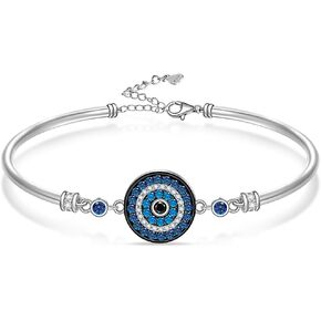 Evil Eye Bracelets 925 Sterling Silver Blue Evil Eye Bracelet for Women Mothers Day Gifts Greek Dainty Bangle Circular Good Luck Adjustable Protection Jewelry