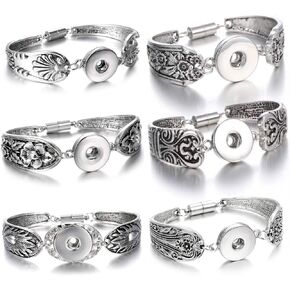 6pcs Flowers Carved Vintage Magnetic Snap Bracelet Bangle for 18mm Snap Button Jewelry （11）