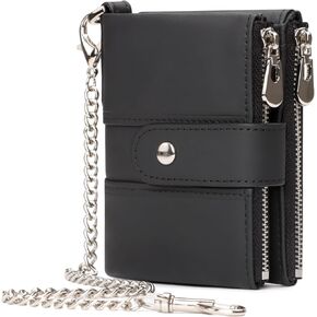 Mens Wallet with Chain, Genuine Leather Wallet RFID Blocking Bifold Purse Zipper Coin Pocket with Anti-Theft Chain