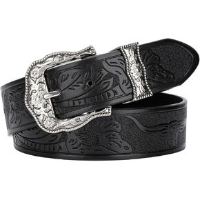 VONMELLI Western Belt for Women Men, Cowboy Cowgirl Belt for Jeans Pants with Vintage Floral Carved Buckle