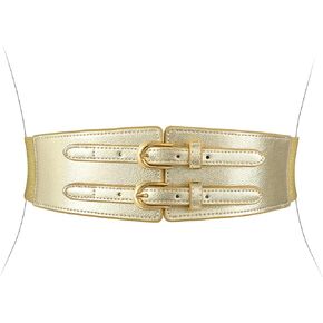 XZQTIVE Women's Wide Elastic Leather Belt for Dresses and Shirts, Stretchy Ladies Waist Belt with Double Gold Buckle