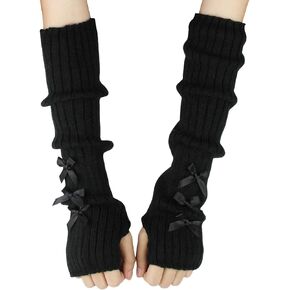 Women's Arm Warmers, Y2K Cute Bow Arm Gloves Fashion Long Fingerless Gloves Winter Warm Arm Sleeves with Thumb Hole