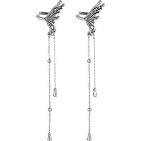 HZMAN Long Tassel Wings Earring for Women Stainless Steel Non-Piercing Fake Helix Clip On Earring Cartilage Earrings Jewelry Gift