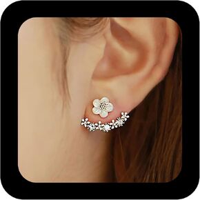 Boho Crystal Flower Ear Jacket - Daisy Front Back Earrings, Gold CZ Climber, Tiny Flower Stud Jewelry for Women and Girls