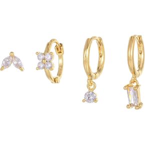 18K Real Gold Plated 925 Sterling Silver Huggie Hoop Dangle Chain Link Stud Ear Cuff Earrings Set for Women, Fashion Hypoallergenic Gold Earrings with Cubic Zirconia, Timeless Gift for Women