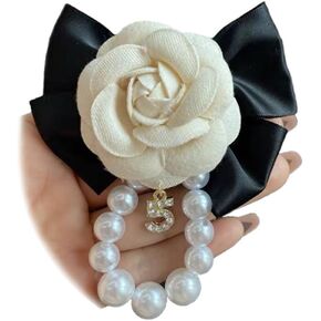 Vintage Camellia Bow Tie Brooch Pins Pearl Chain Tassel Brooch Fabric Rose Flower Bow Hair Clips Lapel Safety Pin Dress Accessory for Women Girls
