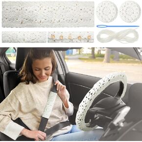Geelin 5 Pcs Crochet Steering Wheel Cover with Belt Covers and Car Mats Handmade Sunflower Steering Wheel Cover for Women(White)