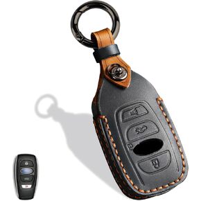 Leather Key Fob Cover, Compatible with Subaru Forester CrossTrek Outback Ascent Legacy Impreza WRX BRZ STI, etc, Retro Style No Screw Design Smart Key Holder Protector(4 Button, Black)