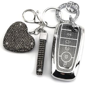 Key Fob Cover with Diamond Keychain for Women, Car Key Holder Compatible with Ford Explorer Fusion Edge Expedition F150 F250 F350 F450 F550 Maverick Mustang, 5 Buttons (Silver-Heart)