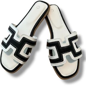 Women's H-Style Slide Sandals, Contrast Stitching, Multiple Colors, Flat Casual Slip-On.