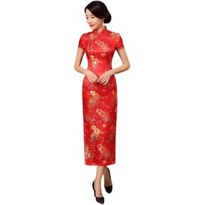 Women's Brocade Chinese Cheongsam Short Sleeve Mid Calf Qipao Dress in Saudi Arabia