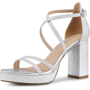 Women Strappy Platform Heels: 3.4 Inch Chunky Heeled Sandals, Comfortable Sexy Block High Heels, for Prom Party Bridal Wedding Black White Silver Nude Dressy Shoes
