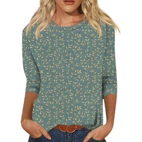 Womens Casual 3/4 Sleeve T-Shirts Round Neck Cute Print Tops Trendy Loose Fit Three Quarter Length Blouses