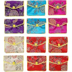 12 Pcs Jewelry Silk Purse Pouch Gift Bags, 3" x 2.7" Travel Jewelry Case and Organizer Chinese Silk Style Brocade Embroidered Bag with Zipper or Women, Multiple Colors