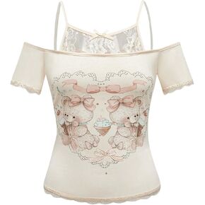 SOLY HUX Women's Y2K Coquette Aesthetic Crop Tops Summer Kawaii Clothes Cute Lace Bow Cold Shoulder Graphic Tees