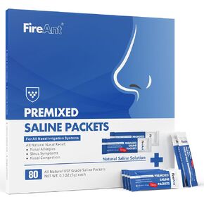 FireAnt Saline Packets Sinus Rinse, 80 Premixed Neti Pot Salt Packets for Nasal Rinse, All Natural, Pharmaceutical Grade, and PH Balanced - 80 Count