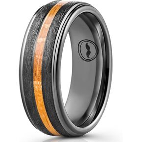 Men's Tungsten Carbide Wedding Band - Premium Grade Brushed Ring for Men (Black with Whiskey Barrel Wood Inlay) - Includes Silicon Band, Leather Drawstring Pouch, & Luxury Walnut Box