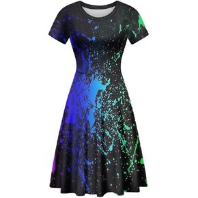 Paint Splatter Black Women Dresses Ladies Dress Fashion Short Sleeve Slim Midi Skirt Dress