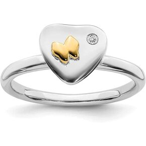 Solid 925 Sterling Silver and 14k Yellow Gold Butterfly Stackable Diamond Ring Eternity Band (.015 cttw.)