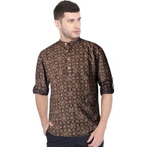 Chandrakala Slim Fit Printed Short Kurta for Men Cotton Long roll-up Sleeves Straight Tunic (MK115-P)