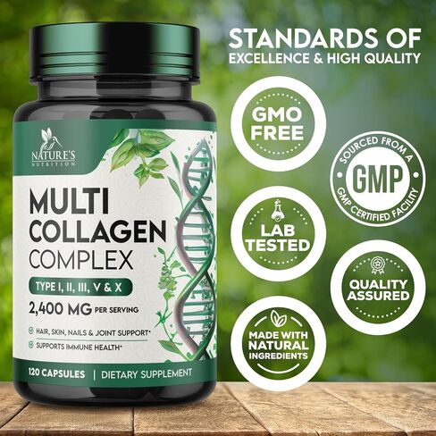 Collagen Peptides for Women & Men - Type I, II, III, V, X Multi Collagen, Hydrolyzed Collagen Supplement Supports Hair, Nail, Skin, Bone and Joint Health with Vital Nutrients & Proteins - 120 Capsules in Saudi Arabia