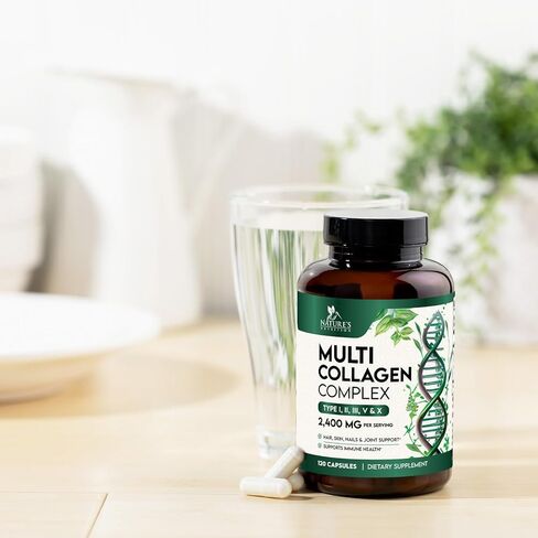 Collagen Peptides for Women & Men - Type I, II, III, V, X Multi Collagen, Hydrolyzed Collagen Supplement Supports Hair, Nail, Skin, Bone and Joint Health with Vital Nutrients & Proteins - 120 Capsules in Saudi Arabia