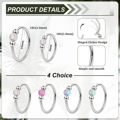 18G G23 Titanium Nose Ring for Women Opal Nose Hoop Hypoallergenic Clicker Septum Nose Ring Hinged Segment Daith Helix Cartilage Tragus Hoop 8/10mm in Saudi Arabia
