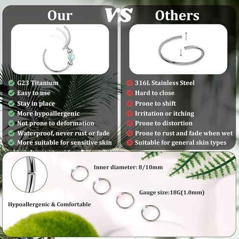 18G G23 Titanium Nose Ring for Women Opal Nose Hoop Hypoallergenic Clicker Septum Nose Ring Hinged Segment Daith Helix Cartilage Tragus Hoop 8/10mm in Saudi Arabia