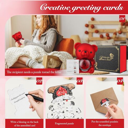 Cute Teddy Bear with Forever Preserved Real Rose,Eternal Flowers Elegant Rose Box with Teddy Bear Gift Card, Romantic Gift for Her in Valentine's Day, Mother's Day,Weddings in Saudi Arabia