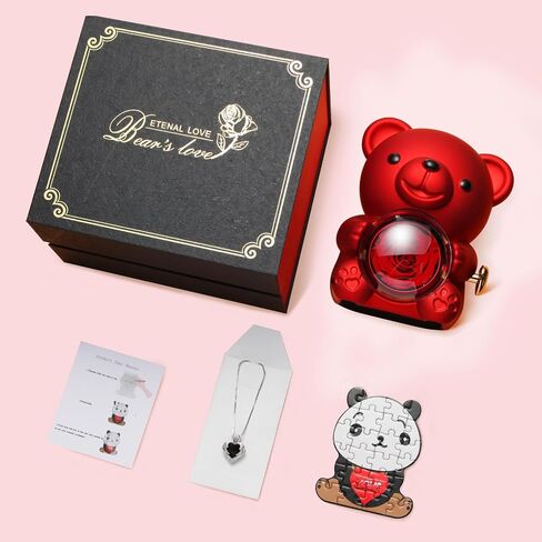 Cute Teddy Bear with Forever Preserved Real Rose,Eternal Flowers Elegant Rose Box with Teddy Bear Gift Card, Romantic Gift for Her in Valentine's Day, Mother's Day,Weddings in Saudi Arabia