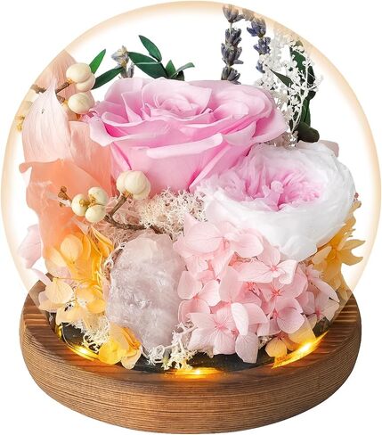 Double Blessing of Real Rose and Real Natural Healing Crystal, Preserved Flowers Glass Dome with LED,Rose Gift for Women,Preserved Rose in Black Gift Box with Card,Romantic Glass Rose for Birthday in Saudi Arabia