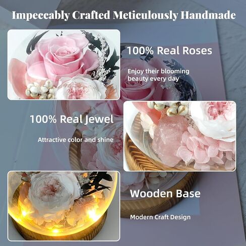 Double Blessing of Real Rose and Real Natural Healing Crystal, Preserved Flowers Glass Dome with LED,Rose Gift for Women,Preserved Rose in Black Gift Box with Card,Romantic Glass Rose for Birthday in Saudi Arabia