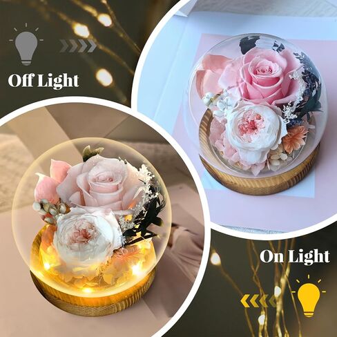 Double Blessing of Real Rose and Real Natural Healing Crystal, Preserved Flowers Glass Dome with LED,Rose Gift for Women,Preserved Rose in Black Gift Box with Card,Romantic Glass Rose for Birthday in Saudi Arabia