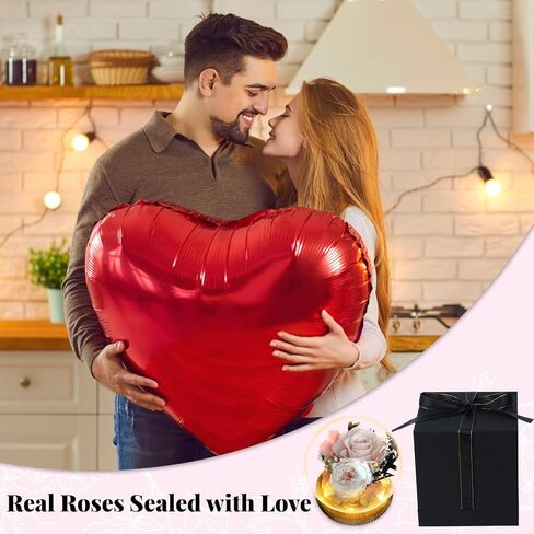 Double Blessing of Real Rose and Real Natural Healing Crystal, Preserved Flowers Glass Dome with LED,Rose Gift for Women,Preserved Rose in Black Gift Box with Card,Romantic Glass Rose for Birthday in Saudi Arabia