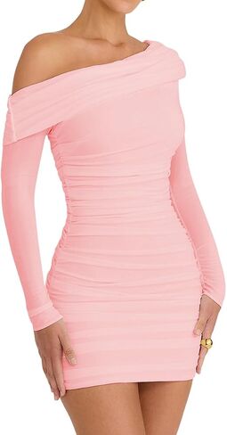 LCNBA Women's Sexy One Shoulder Mesh Long Sleeve Ruched Bodycon Club Party Mini Dress in Kuwait