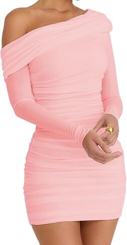 LCNBA Women's Sexy One Shoulder Mesh Long Sleeve Ruched Bodycon Club Party Mini Dress in Kuwait