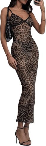 Women's Sexy Leopard Print Cami Dress Cheetah Y2K Mesh Sheer See Through Bodycon Long Maxi Dress in Kuwait