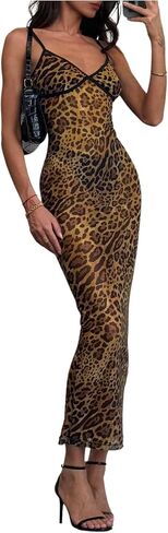 Women's Sexy Leopard Print Cami Dress Cheetah Y2K Mesh Sheer See Through Bodycon Long Maxi Dress in Kuwait