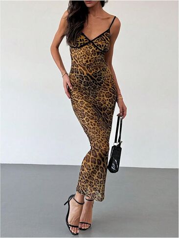Women's Sexy Leopard Print Cami Dress Cheetah Y2K Mesh Sheer See Through Bodycon Long Maxi Dress in Kuwait