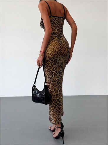 Women's Sexy Leopard Print Cami Dress Cheetah Y2K Mesh Sheer See Through Bodycon Long Maxi Dress in Kuwait