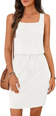 MEROKEETY Women's Summer Mini Sundress Casual Waffle Knit Square Neck Drawstring Beach Tank Dresses in Saudi Arabia