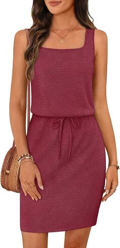 MEROKEETY Women's Summer Mini Sundress Casual Waffle Knit Square Neck Drawstring Beach Tank Dresses in Saudi Arabia
