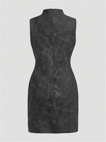 Women's PU Leather Ruched Bodycon Dresses Mock Neck Sleeveless Zipper Mini Tank Dress in Kuwait