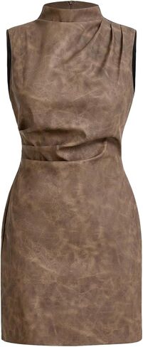 Women's PU Leather Ruched Bodycon Dresses Mock Neck Sleeveless Zipper Mini Tank Dress in Kuwait