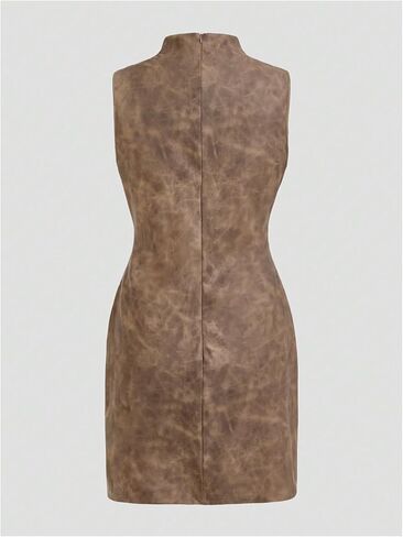 Women's PU Leather Ruched Bodycon Dresses Mock Neck Sleeveless Zipper Mini Tank Dress in Kuwait